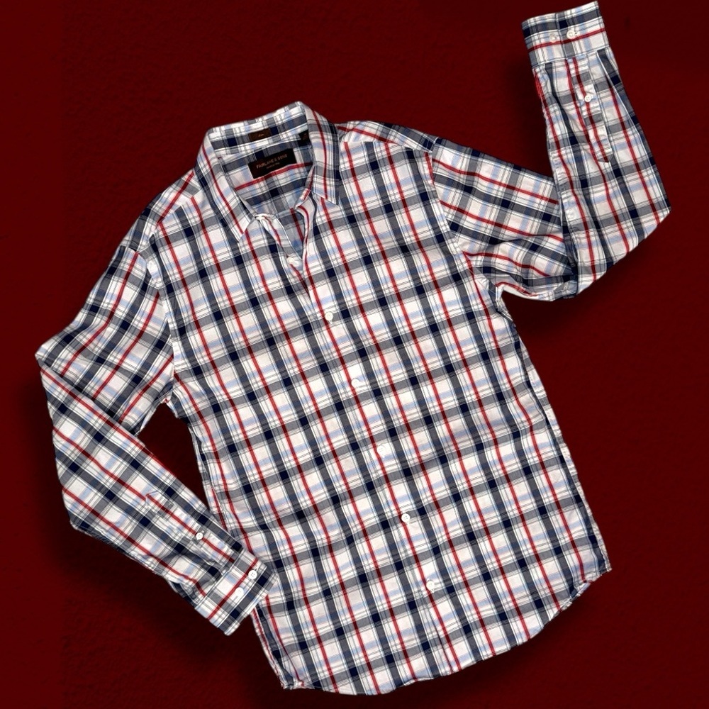 Fairlane & Sons Slim Fit Plaid Button-Down Shirt M Navy Red Wrinkle Free - Picture 2 of 12